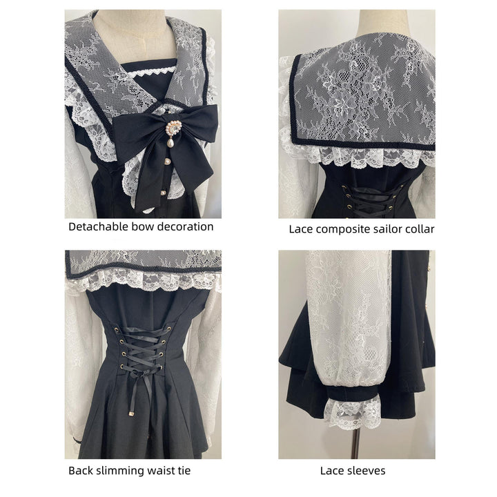 Jirai Kei Set Up Lace Sleeve Sailor Collar Dress Shorts 37650:568136