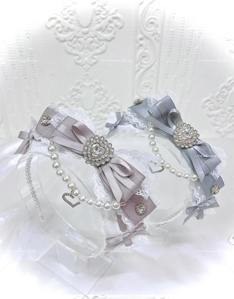 Jirai Kei Pearl Headband, Heart-Shaped Rhinestone & Bow 43296:772572