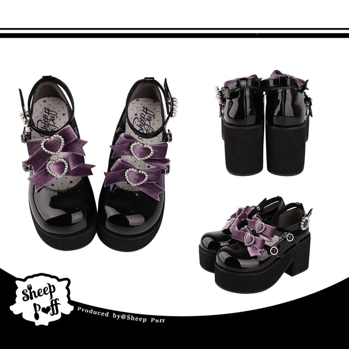 Jirai Kei Black Platform Shoes With Bow and Rhinestone (34 35 36 37 38 39 40 41) 21982:321680