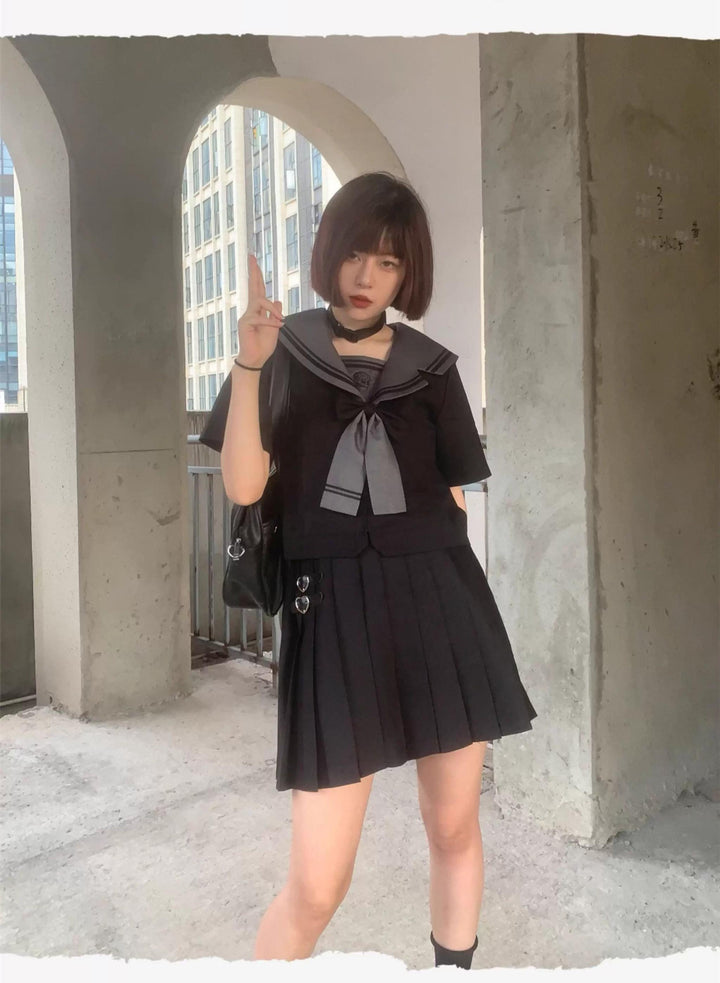 Black JK Uniform Sailor Collar Blouse Pocketed Pleated Skirt 43025:762734