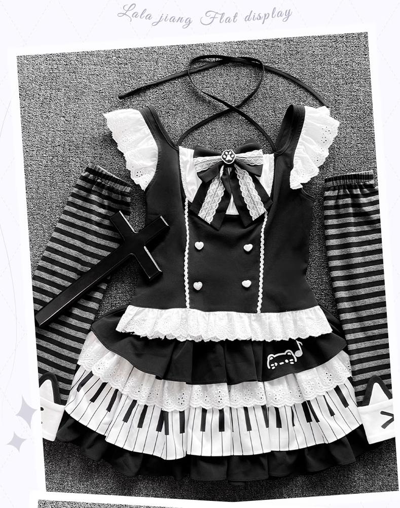 Halter Neck Kawaii Skirt Set, Cat and Piano Print 43577:780203