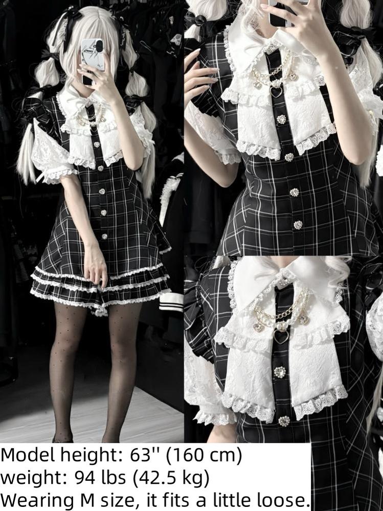 Plaid/Black Jirai Kei Dress Set, Lace Sleeve, Pearl Chain 43241:774510