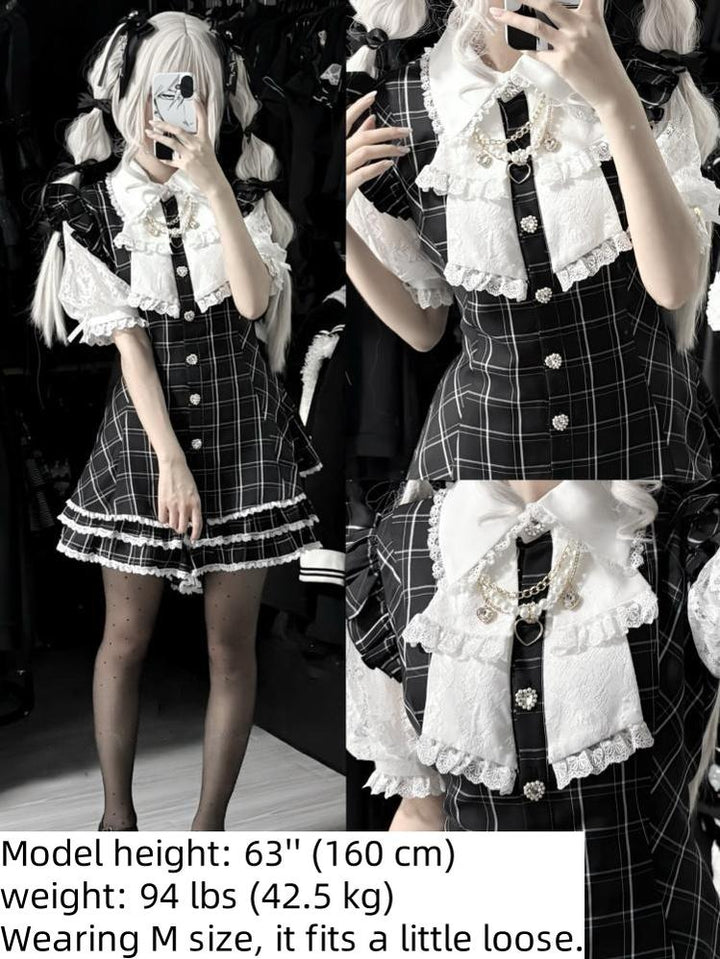 Plaid/Black Jirai Kei Dress Set, Lace Sleeve, Pearl Chain 43241:774510