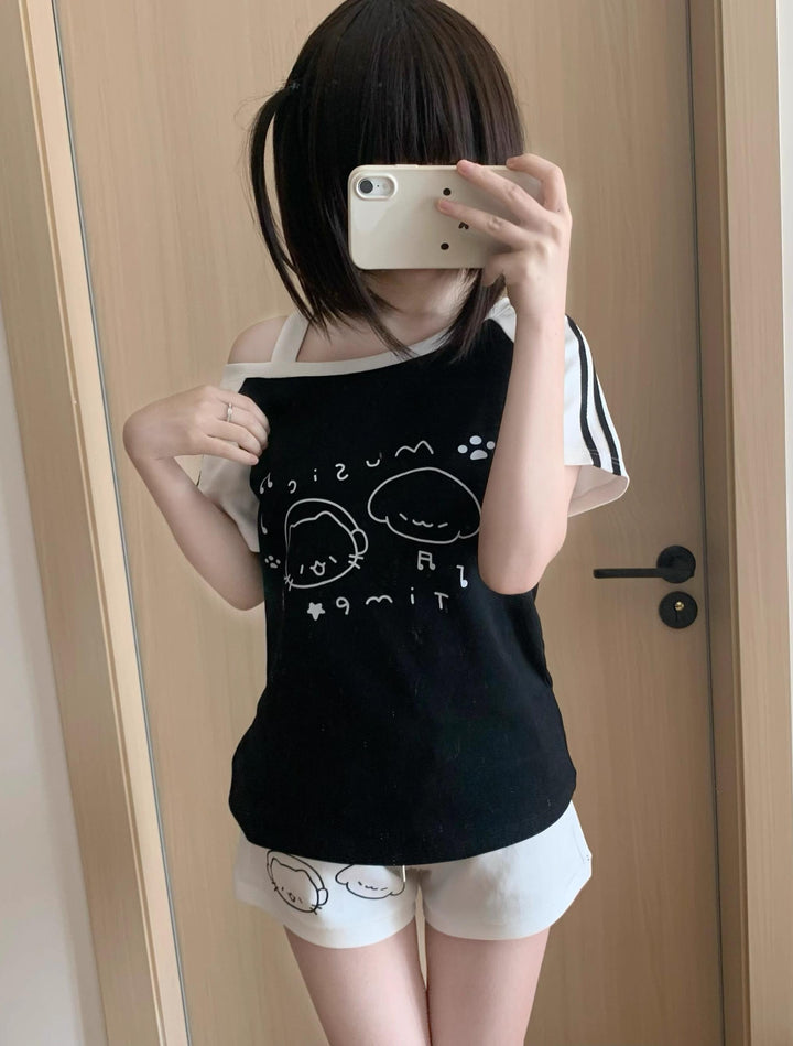 Kawaii Summer Music Time Printed T-shirt, Shorts With Pockets 42904:760912