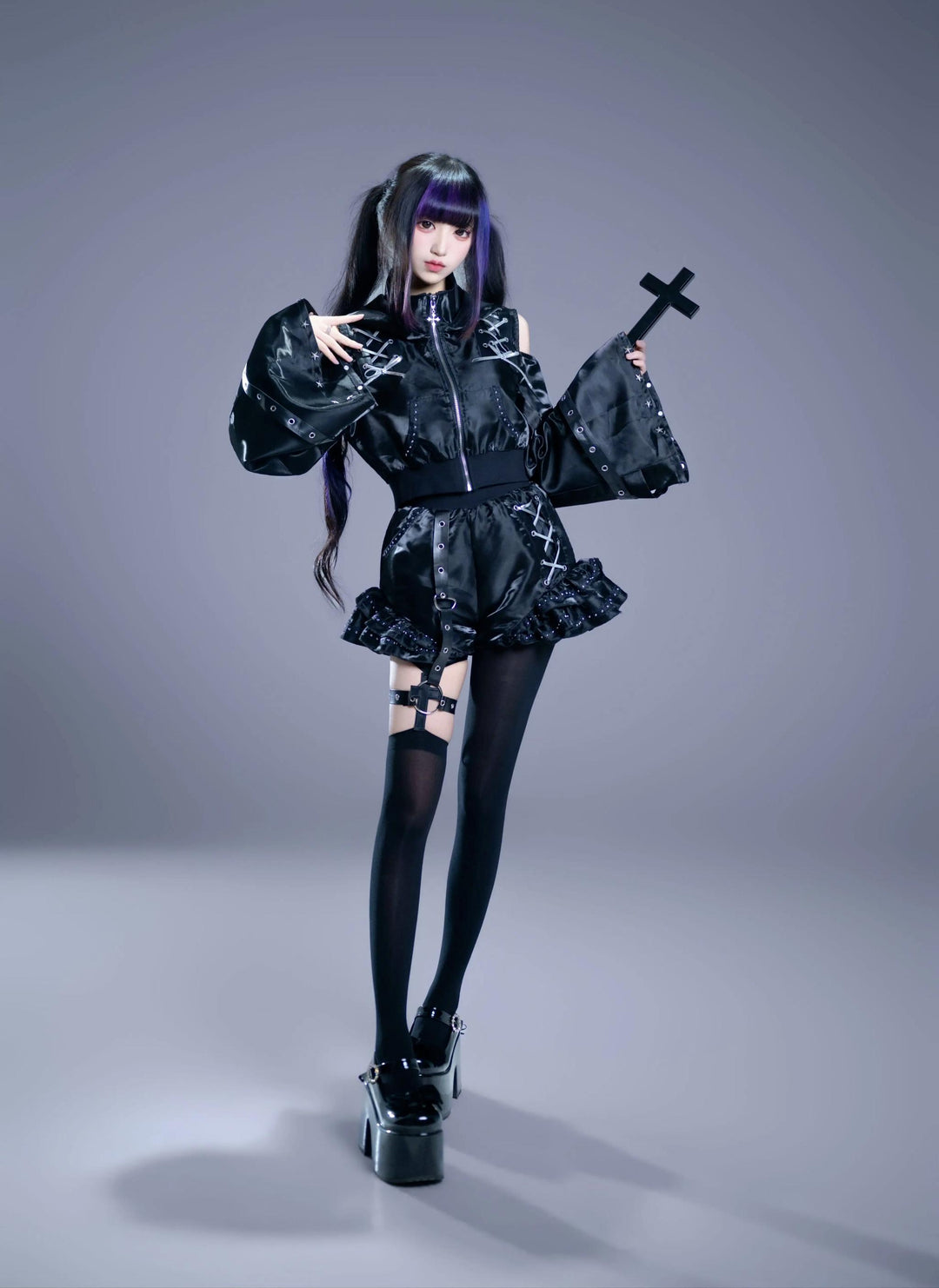 Gothic Hooded Crop Jacket & Shorts Set, Cat Ear 46064:874099
