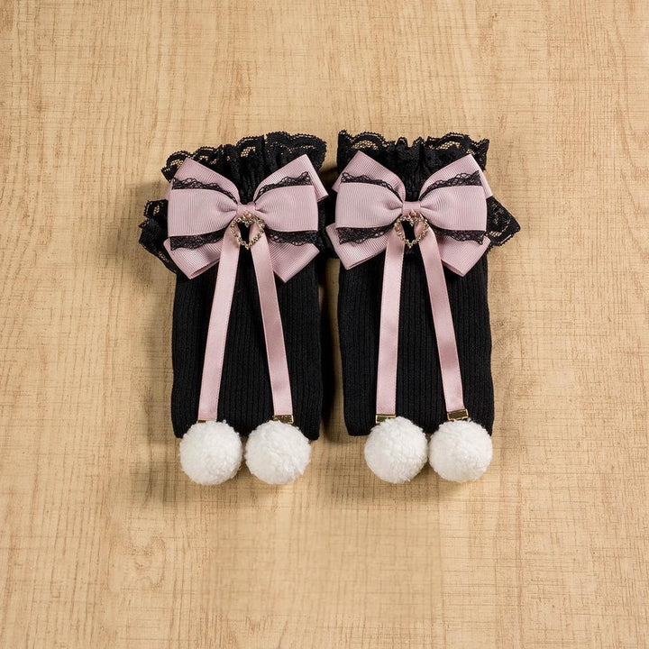 Jirai Kei Knee Socks Lace Bow Pom-Pom Mid-Calf Socks 40886:678918