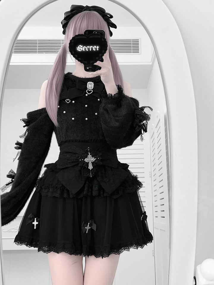 Jirai Kei Open-Shoulder Sweater, High-Waist Cross Skirt 44377:807436