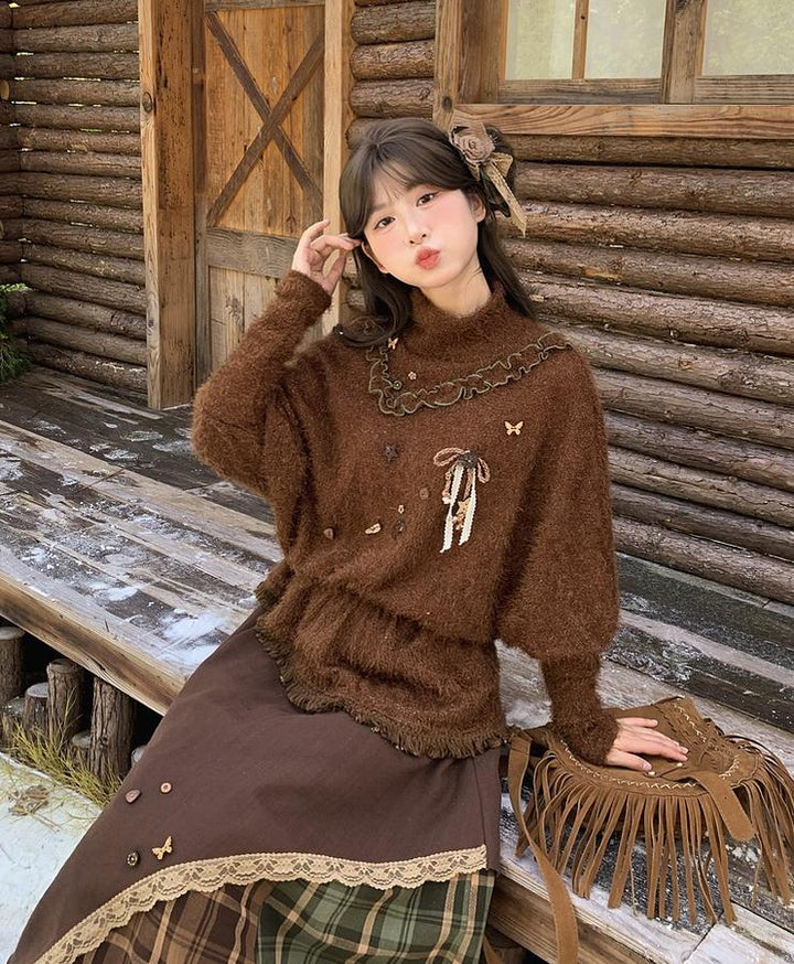 Mori Kei Stand-Collar Sweater, Irregular Plaid Skirt 44214:803854