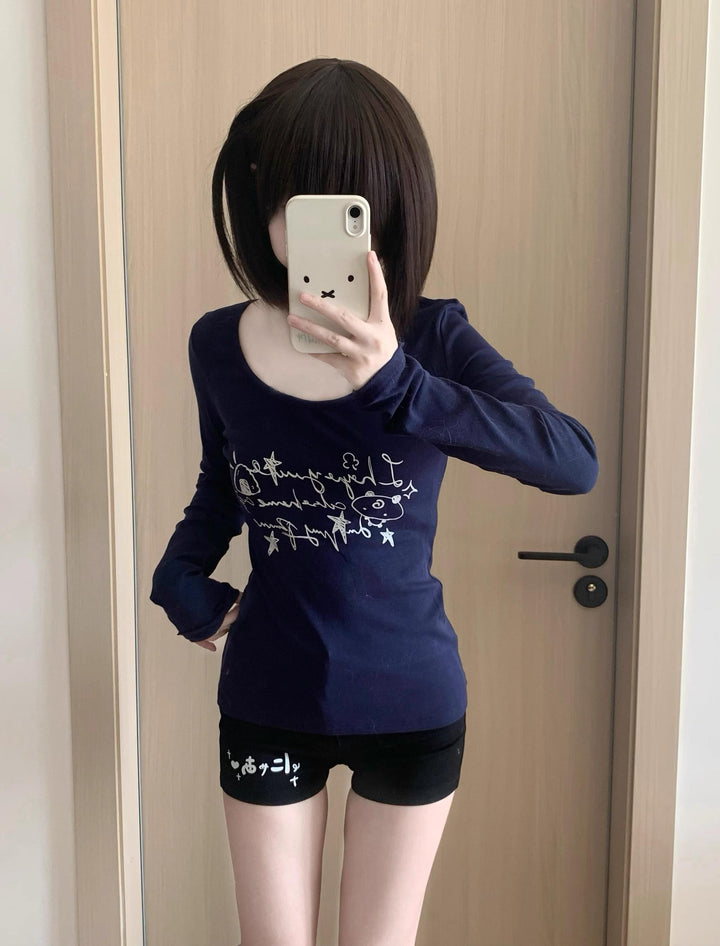 Long-Sleeved Gyaru Style Shirt with Otaku Graphic Print (L M S) 42901:760597