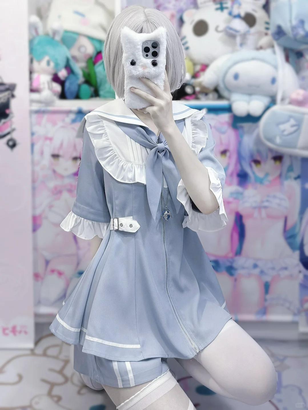 Jirai Kei Set Up Blue Lace Dress And Shorts Set 37046:761472