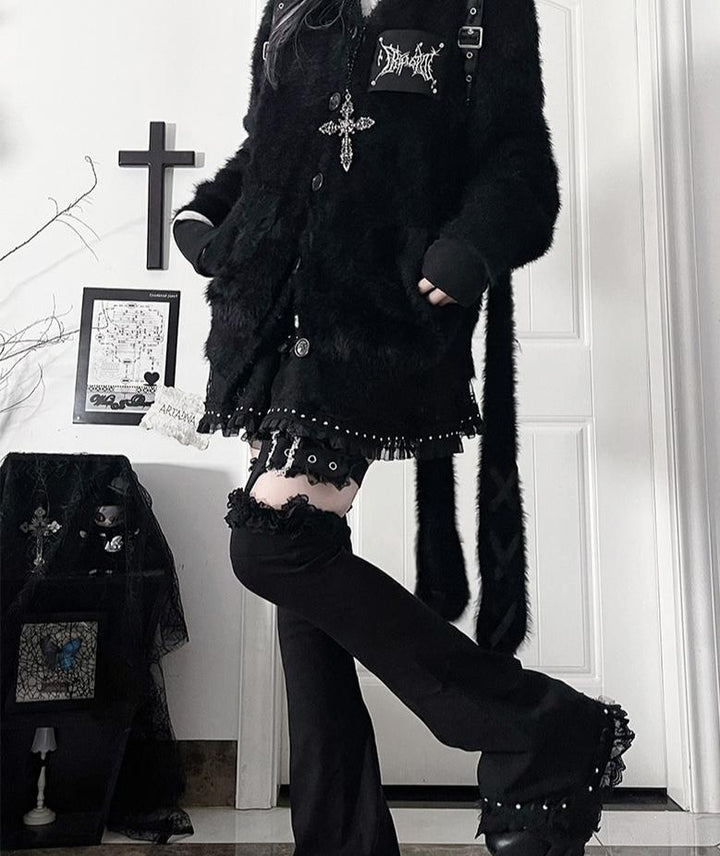 White/Black Knitted Coat, Long Bunny Ear Hood 44334:804908