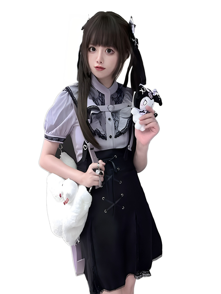 Jirai Kei Bi-color Blouse, Suspender Skirt Set 21976:582246