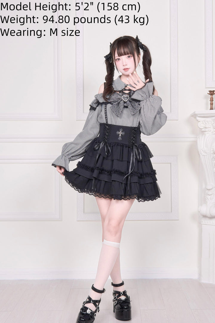 Sheer Open Shoulder Jirai Kei Blouse, Chest Flounce Hem 43682:782682