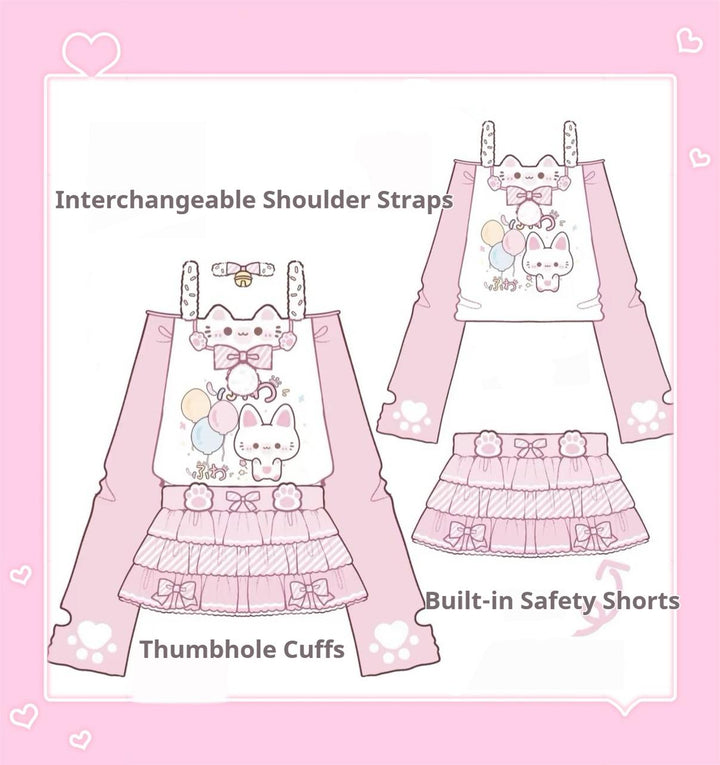 Kawaii Cat-Print Cotton Skirt Off-Shoulder Top with Choker 42812:755921