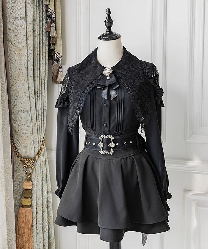 Pointed Lace Collar Jirai Kei Blouse & Black Skirt (2XL L M XL) 42949:769830