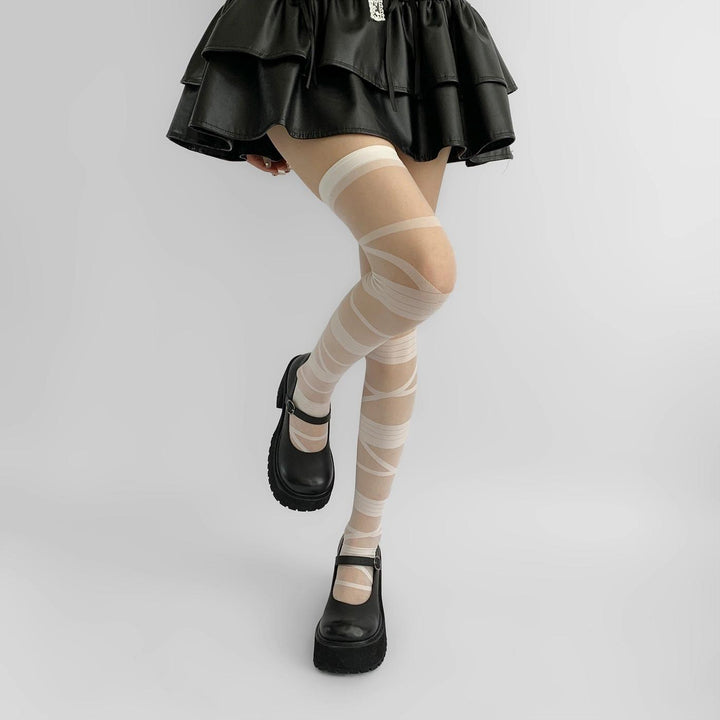 Lolita Socks Y2K Thigh-high Socks Straps White Black Silk (ivory) 36616:568758 (ivory) 36616:568758