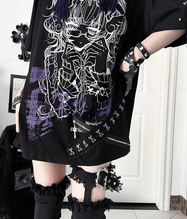 Gothic Cotton Graphic Printed T-Shirt, Detachable Choker 46061:874359