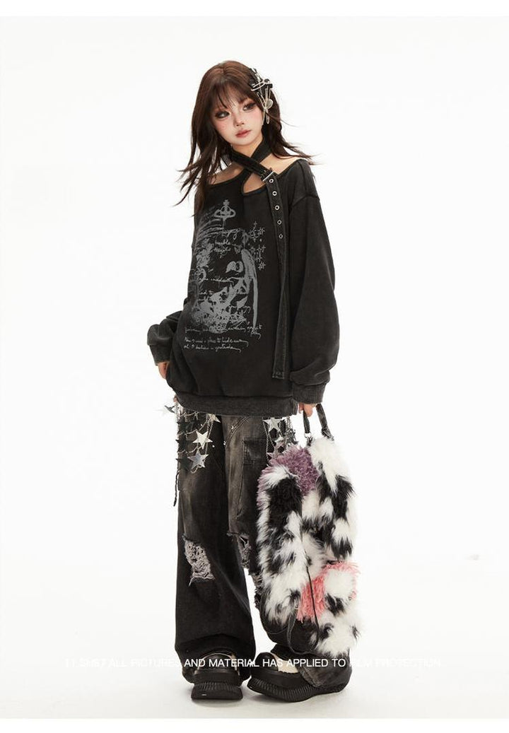 Punk Pants Black Straight Wide Leg Ripped Jeans Autumn 39760:642252