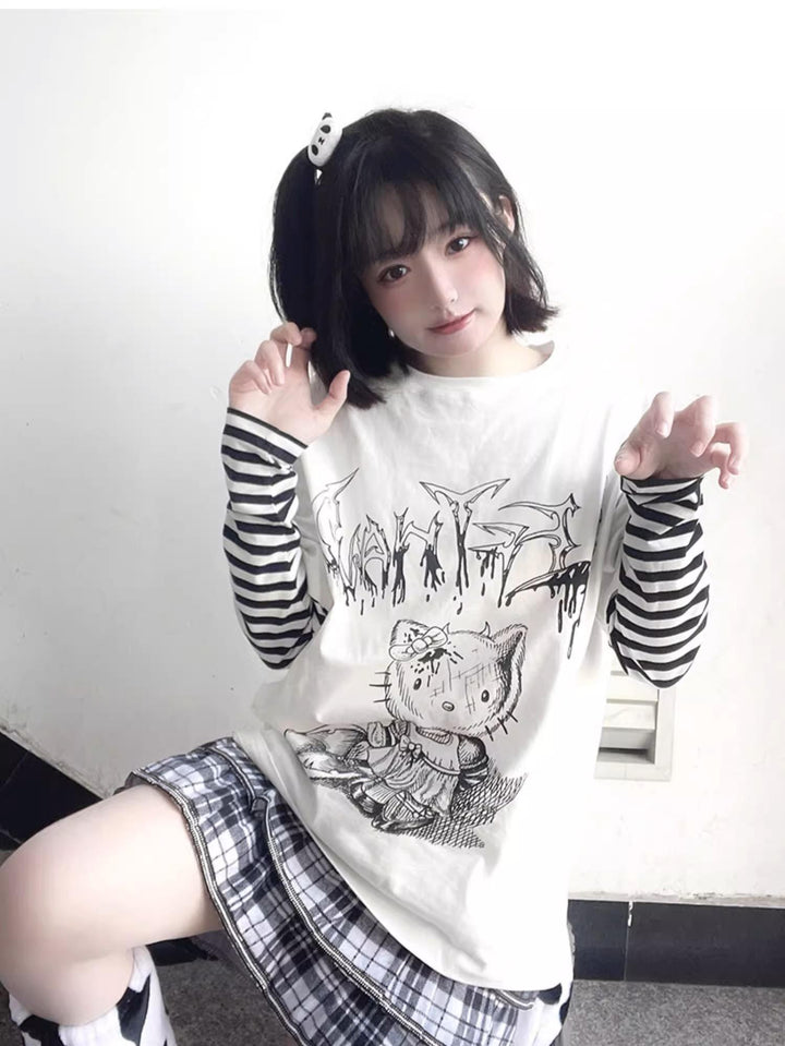 Punk Top Y2K Shirt False Two Striped Long Sleeve T-shirt 34484:538294 34484:538294