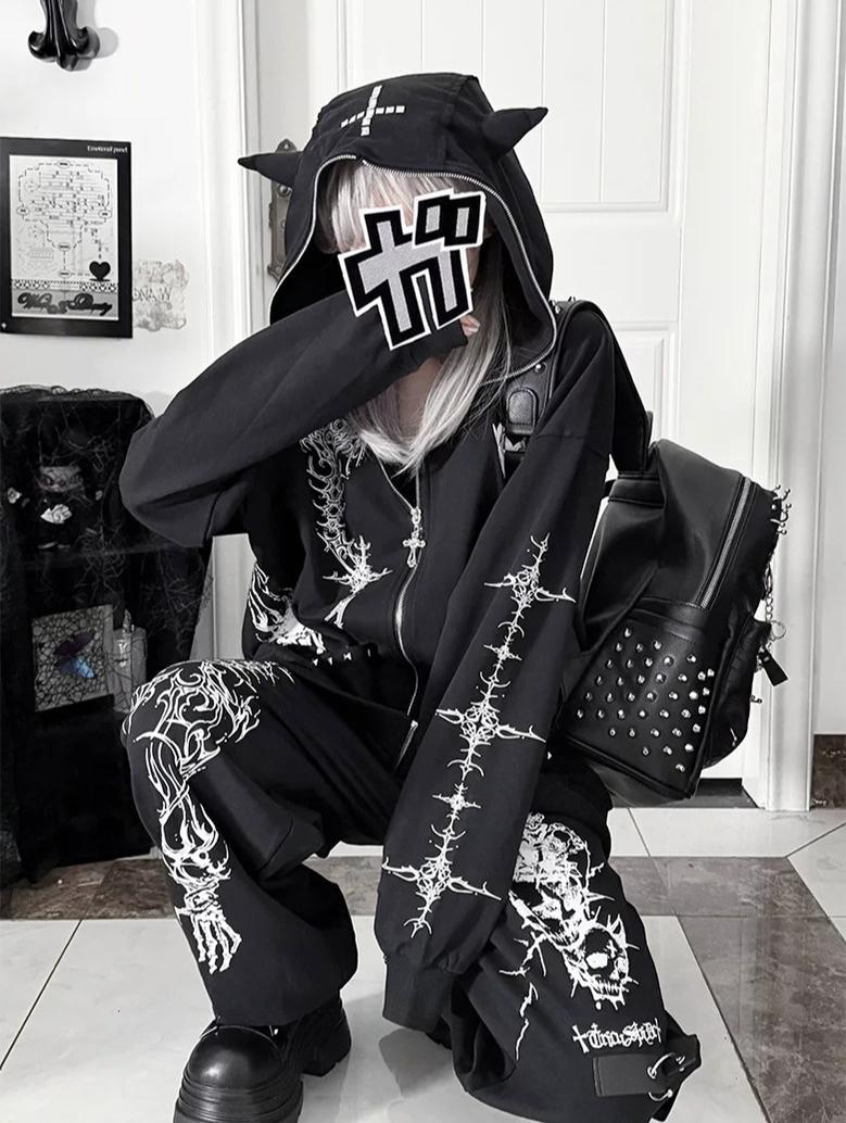 Gothic Skull Printed Jacket and Sport Pants Set 46060:873912