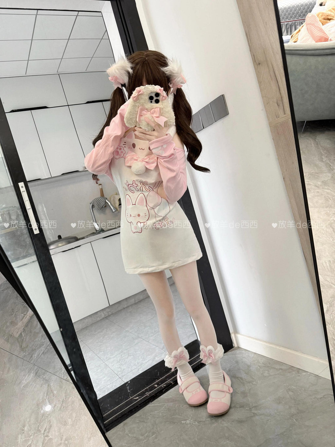 Kawaii Cat-Print Cotton Skirt Off-Shoulder Top with Choker 42812:755918