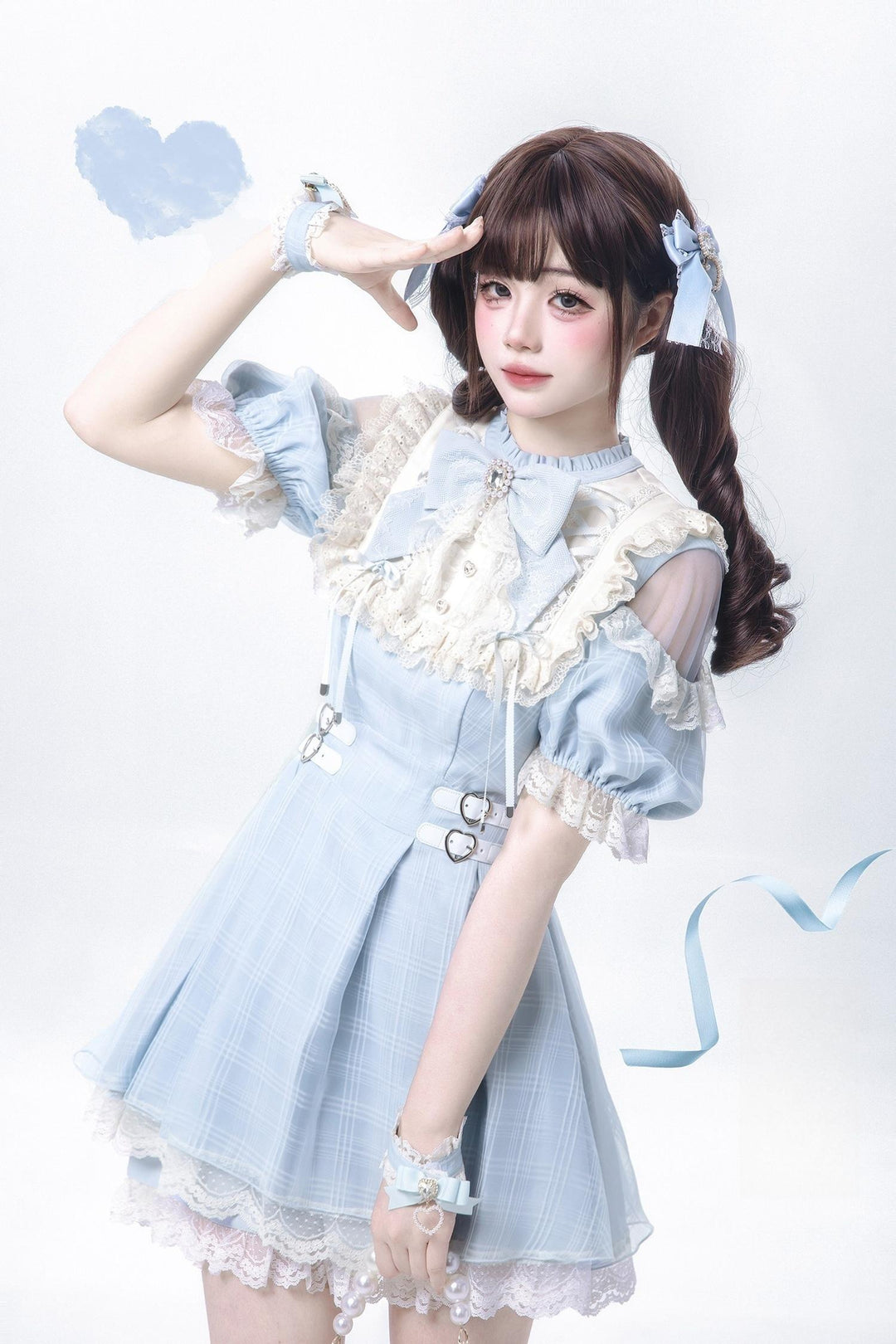 Water Blue Jirai Kei Dress with Box Pleated Skirt And Square Rhinestone 42704:750879