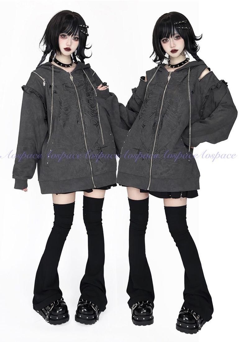 Subculture Ribcage Printed Zipper Hoodie, Open Shoulder 44482:811060