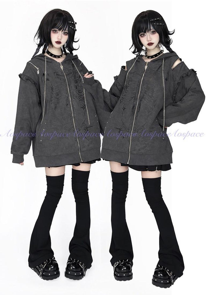 Subculture Ribcage Printed Zipper Hoodie, Open Shoulder 44482:811060