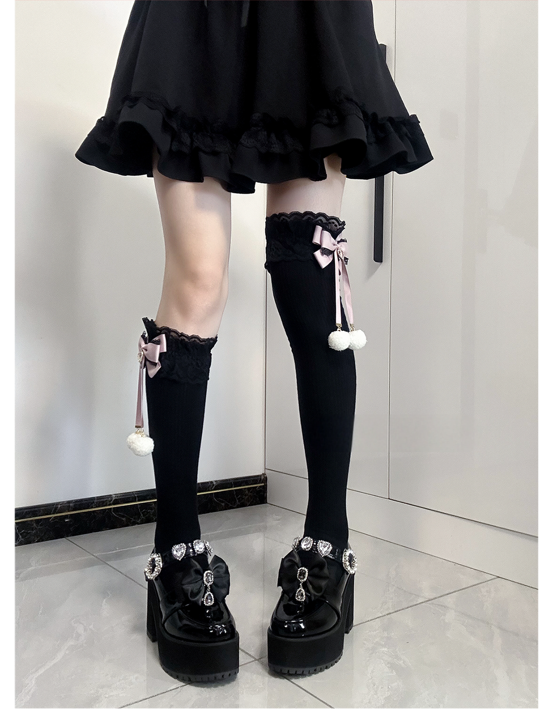 Jirai Kei Knee Socks Lace Bow Pom-Pom Mid-Calf Socks 40886:678946