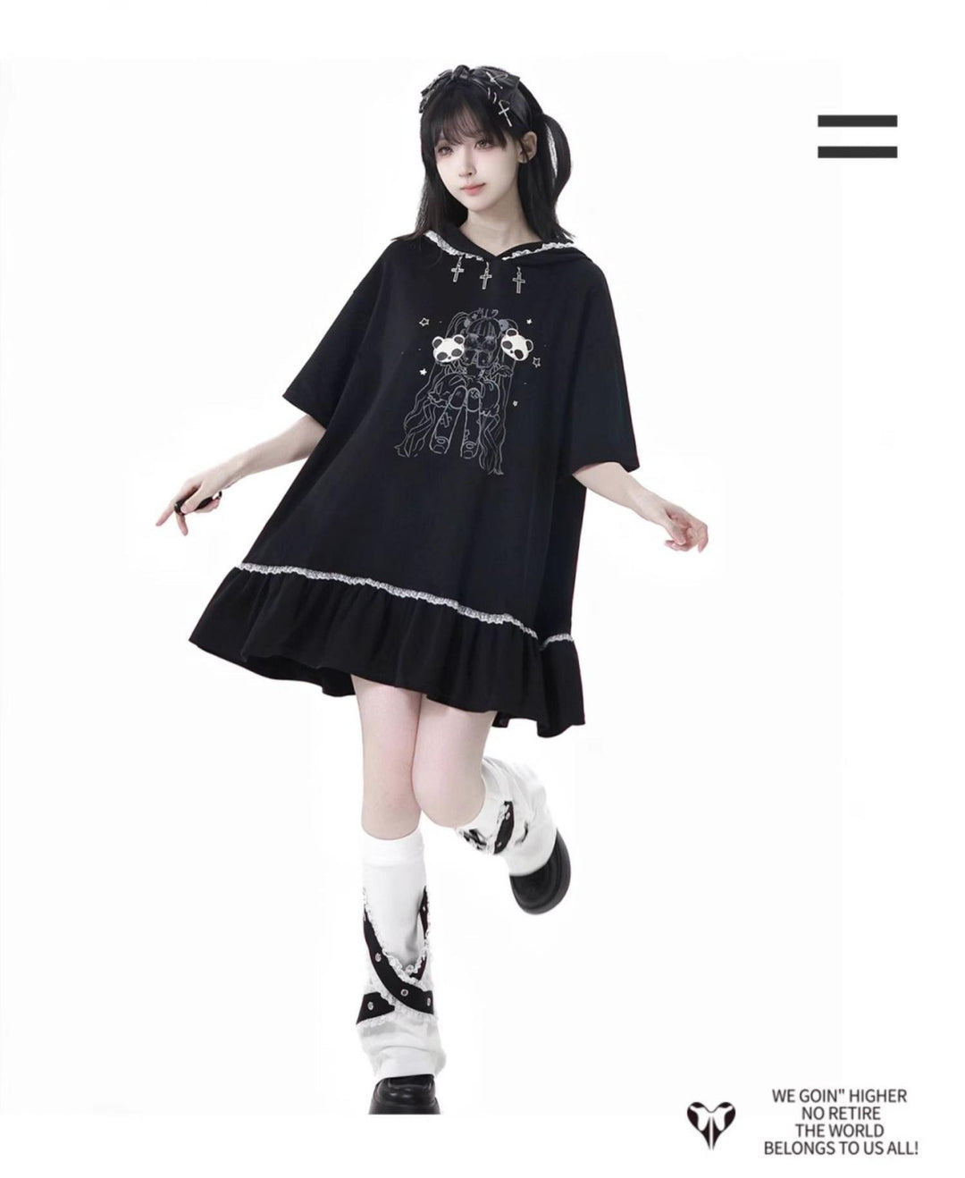 Black Cotton Sport-styled Jirai Kei Hoodie Dress & Shorts Set 42980:761498