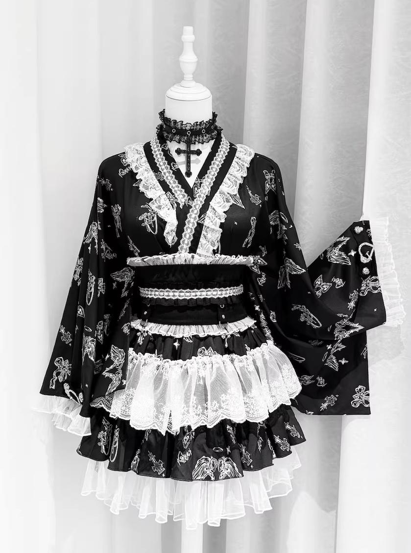 Gothic Blouse and Skirt Yukata Set, Wing Print 45129:836038