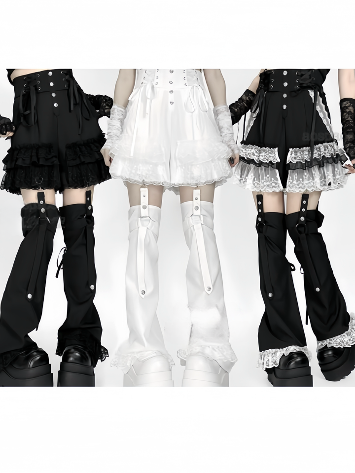 Punk Shorts Y2K Patchwork Leg Cover Tiered Lace 40638:671452