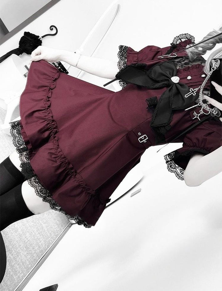 Jirai Kei Dress Set with Large Bow & Lace Hollow-out Detail 42814:755656