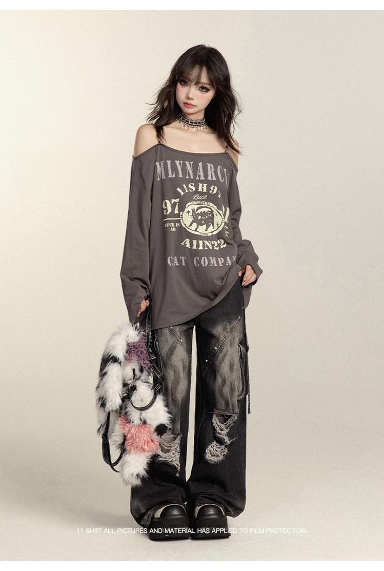 Punk Pants Black Straight Wide Leg Ripped Jeans Autumn 39760:642270