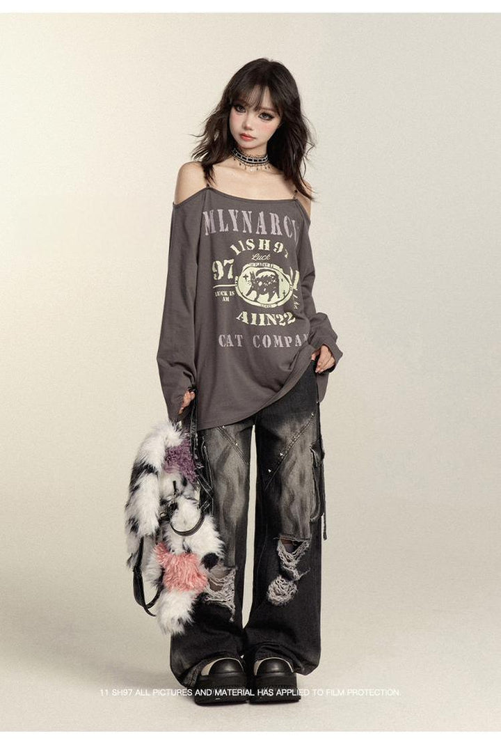 Punk Pants Black Straight Wide Leg Ripped Jeans Autumn 39760:642270