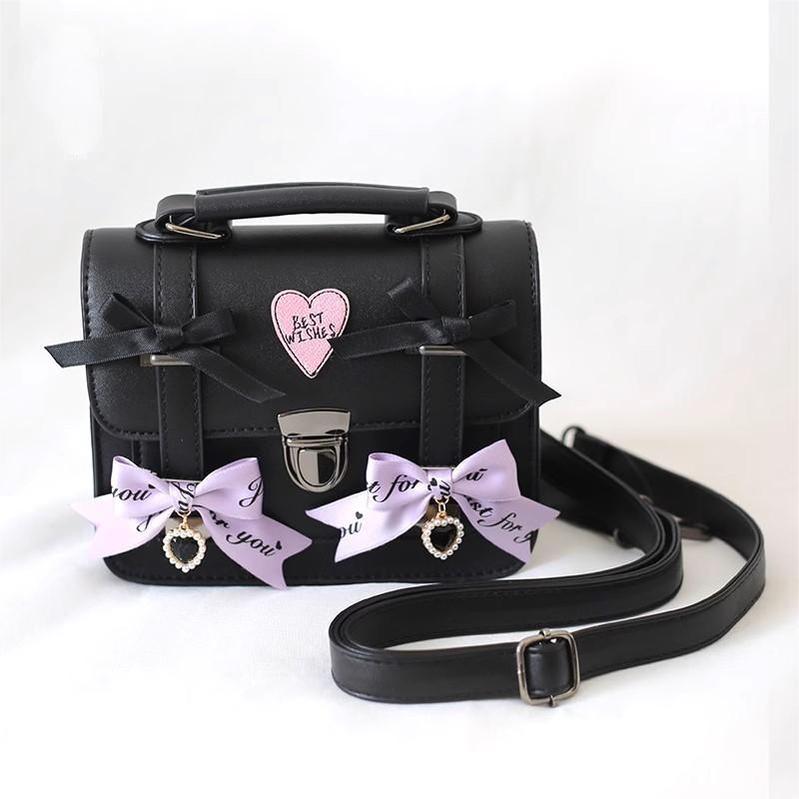 Black Jirai Kei Bag Leather Shoulder Bag With Bows And Rhinestone 33802:449860