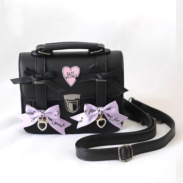 Black Jirai Kei Bag Leather Shoulder Bag With Bows And Rhinestone 33802:449860