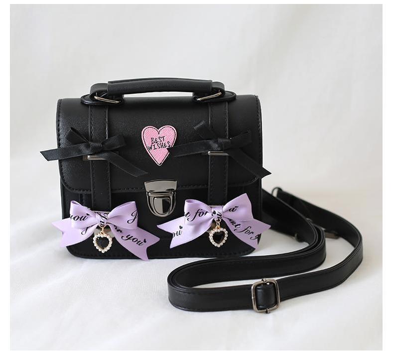 Black Jirai Kei Bag Leather Shoulder Bag With Bows And Rhinestone 33802:449854