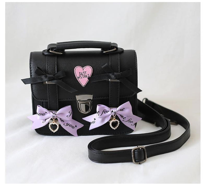 Black Jirai Kei Bag Leather Shoulder Bag With Bows And Rhinestone 33802:449854