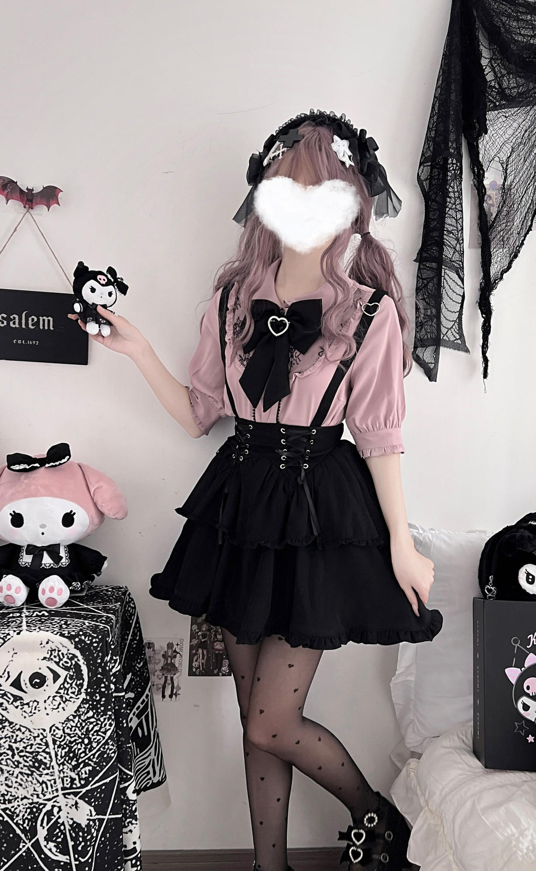 Pink Jirai Kei Blouse, Black Lace Up Skirt (L M S XL) 21832:760695