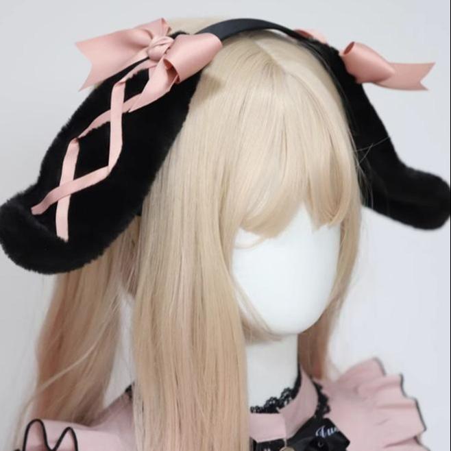 Jirai Kei Sweet Rabbit Ear Hairband Black Pink Hair Accessory 22524:365082