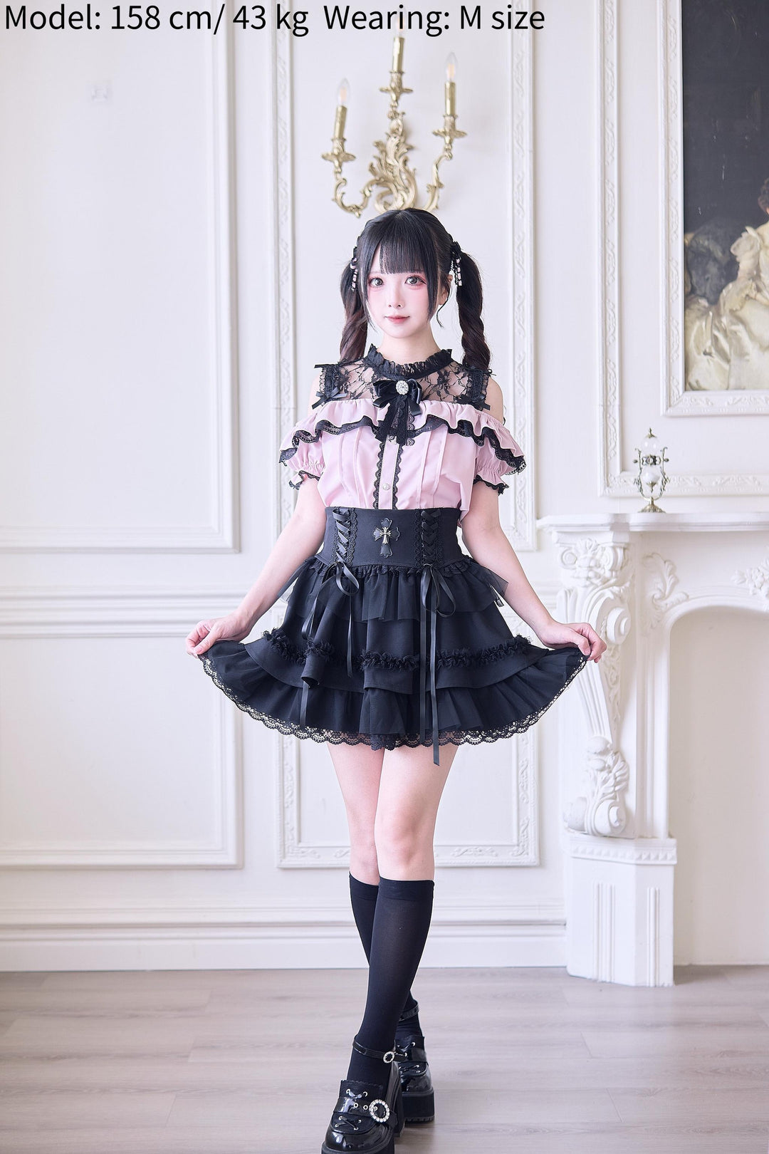Jirai Kei Blouse with Hallow-out Upper & Rhinestone Bow Tie 42893:757719