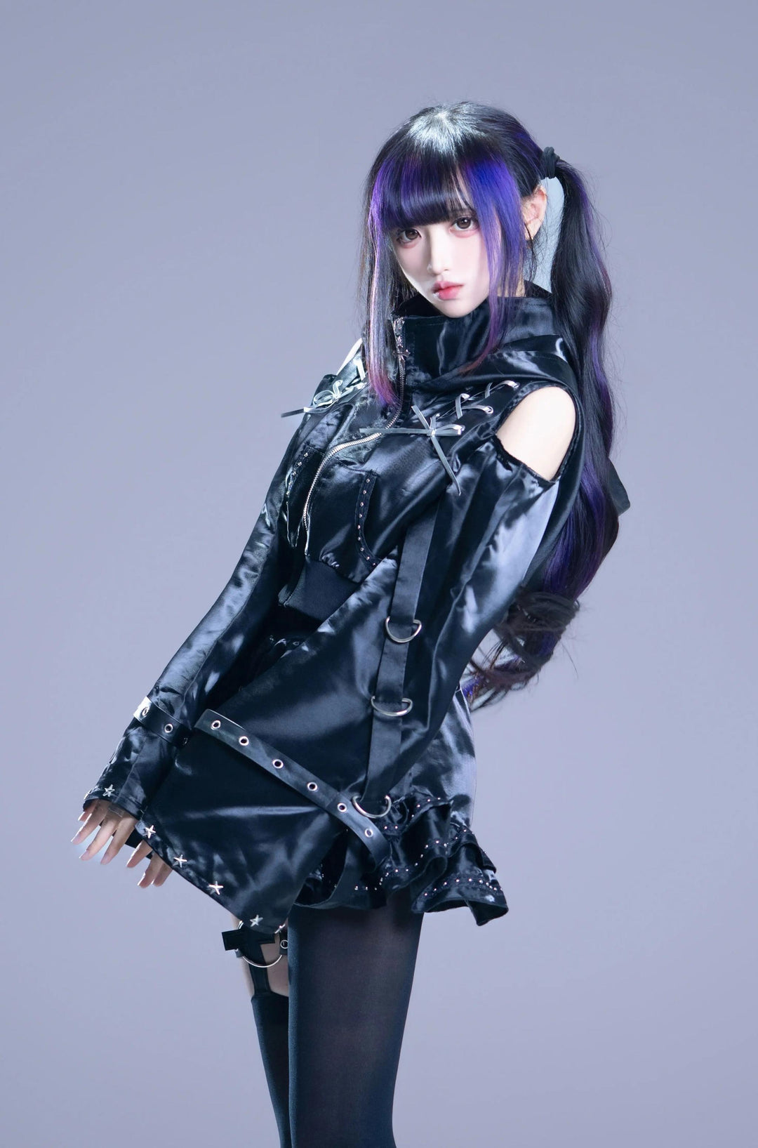 Gothic Hooded Crop Jacket & Shorts Set, Cat Ear 46064:874096