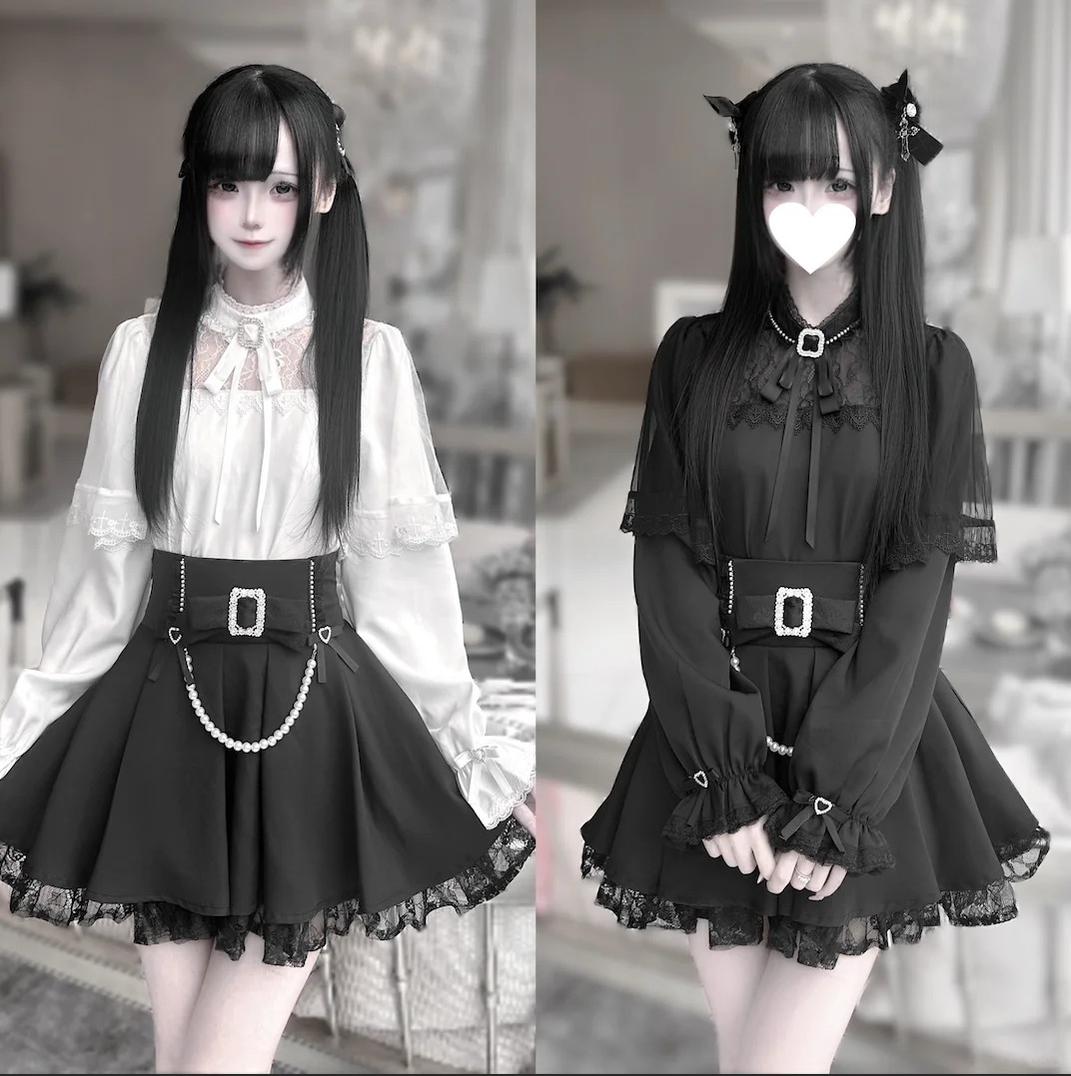 Jirai Kei Hollow-Out Lace Blouse Black Skirt With Pearl Chain 42163:731431
