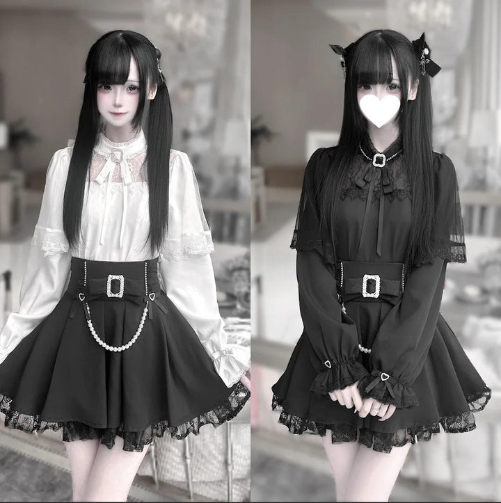 Jirai Kei Hollow-Out Lace Blouse Black Skirt With Pearl Chain 42163:731431