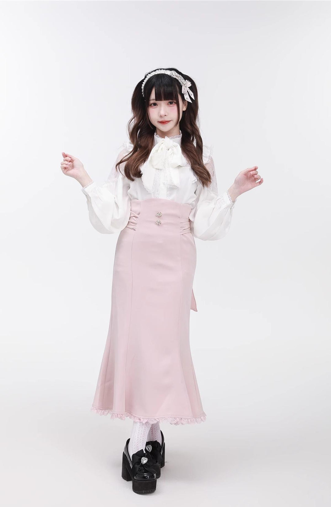 Jirai Kei Stand Collar Shirt with Lace Shoulder And Ribbon (White / 2XL L M S XL) 42748:752296