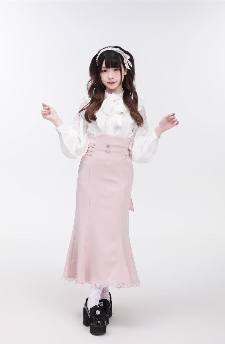 Jirai Kei Stand Collar Shirt with Lace Shoulder And Ribbon (White / 2XL L M S XL) 42748:752296