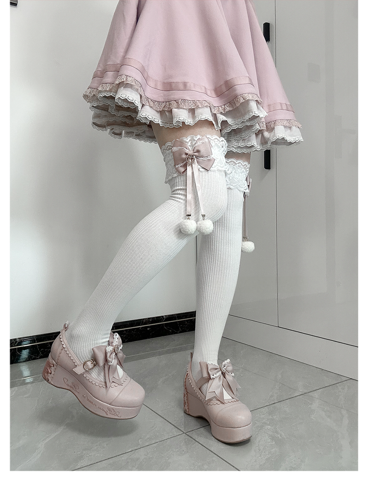 Jirai Kei Knee Socks Lace Bow Pom-Pom Mid-Calf Socks 40886:678948