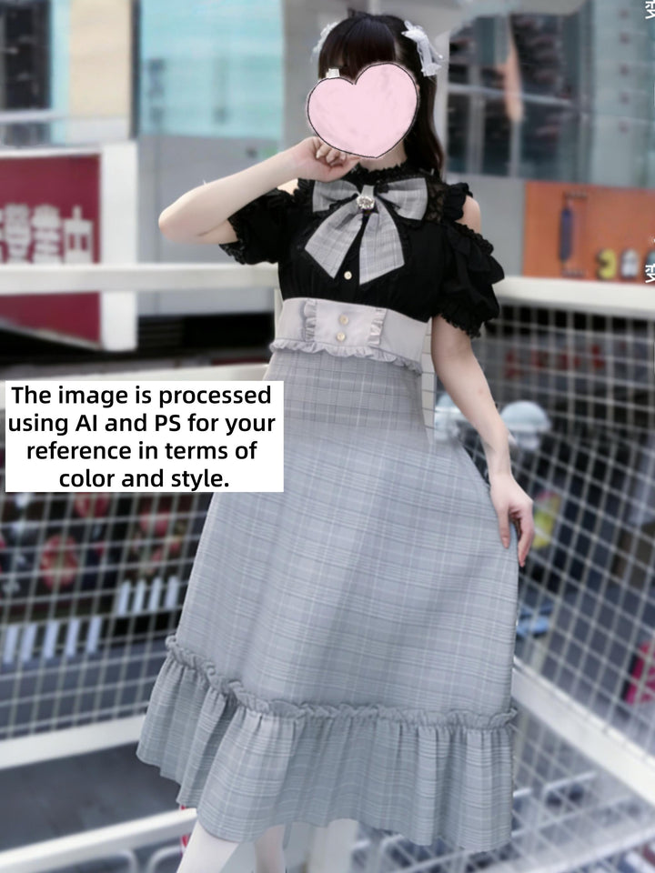 Jirai Kei Open-Shoulder Long Dress, Detachable Bow (2XL 3XL L M S XL) 44754:824044