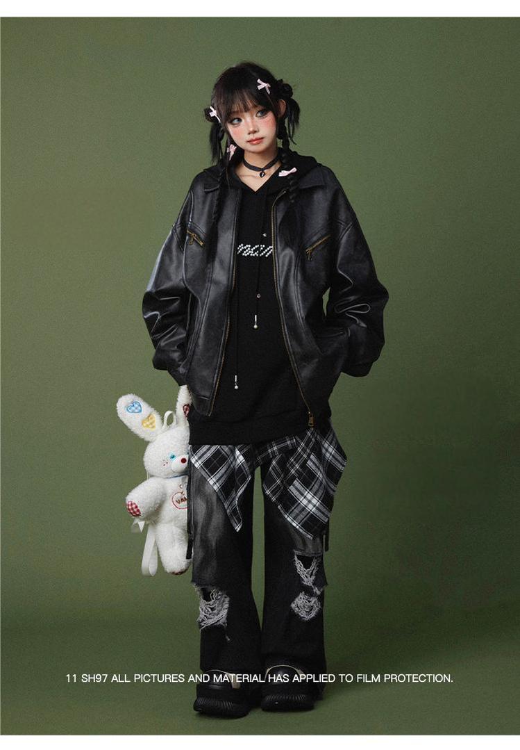 Punk Pants Black Straight Wide Leg Ripped Jeans Autumn 39760:642290
